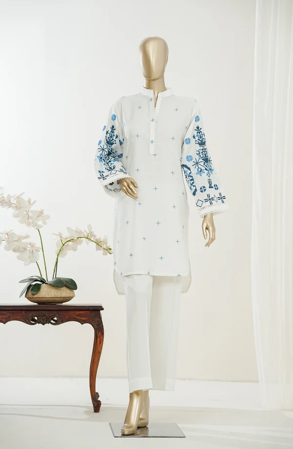 PKAK04 Amna Khadija Embroidered Stitched 2 Piece Suit – White & Blue (PKAK04) - Image 1