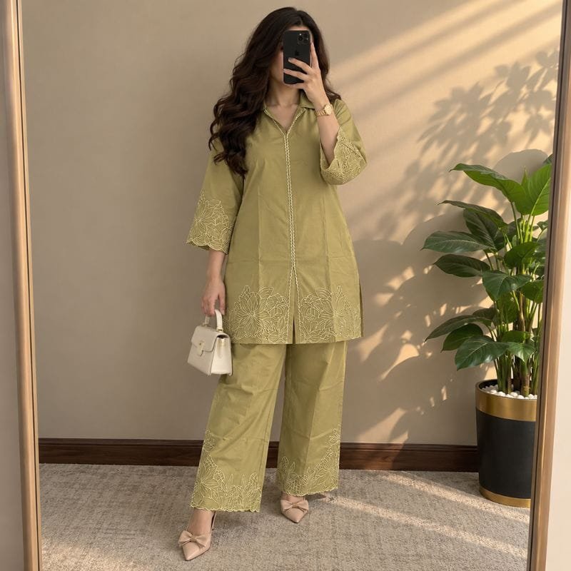 PKAK05 Amna Khadija Embroidered Stitched 2 Piece Co-Ord Set – Olive Green(PKAK05) - Image 1